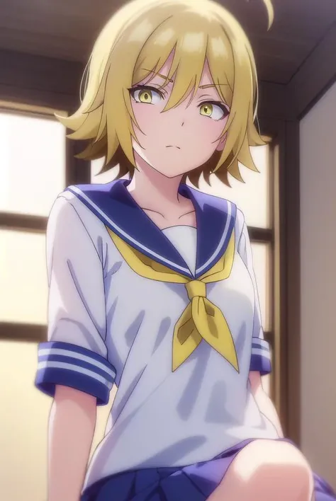 uraraurakata, <lora:urara urakata s1-lora-nochekaiser:1>,
urara urakata, short hair, blonde hair, ahoge, (yellow eyes:1.5),
BREAK skirt, school uniform, ahoge, pleated skirt, shoes, serafuku, socks, blue skirt, neckerchief, white socks,
BREAK indoors, classroom,
BREAK looking at viewer, (cowboy shot:1.5),
BREAK <lyco:GoodHands-beta2:1>, (masterpiece:1.2), best quality, high resolution, unity 8k wallpaper, (illustration:0.8), (beautiful detailed eyes:1.6), extremely detailed face, perfect lighting, extremely detailed CG, (perfect hands, perfect anatomy),