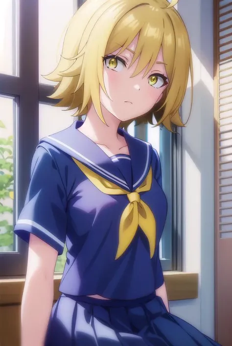 uraraurakata, <lora:urara urakata s1-lora-nochekaiser:1>,
urara urakata, short hair, blonde hair, ahoge, (yellow eyes:1.5),
BREAK skirt, school uniform, ahoge, pleated skirt, shoes, serafuku, socks, blue skirt, neckerchief, white socks,
BREAK indoors, classroom,
BREAK looking at viewer, (cowboy shot:1.5),
BREAK <lyco:GoodHands-beta2:1>, (masterpiece:1.2), best quality, high resolution, unity 8k wallpaper, (illustration:0.8), (beautiful detailed eyes:1.6), extremely detailed face, perfect lighting, extremely detailed CG, (perfect hands, perfect anatomy),