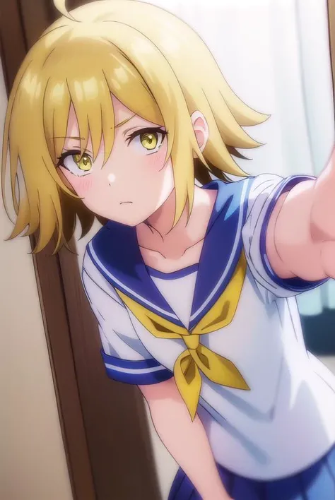 uraraurakata, <lora:urara urakata s1-lora-nochekaiser:1>,
urara urakata, short hair, blonde hair, ahoge, (yellow eyes:1.5),
BREAK skirt, school uniform, ahoge, pleated skirt, shoes, serafuku, socks, blue skirt, neckerchief, white socks,
BREAK indoors, classroom,
BREAK looking at viewer, (cowboy shot:1.5),
BREAK <lyco:GoodHands-beta2:1>, (masterpiece:1.2), best quality, high resolution, unity 8k wallpaper, (illustration:0.8), (beautiful detailed eyes:1.6), extremely detailed face, perfect lighting, extremely detailed CG, (perfect hands, perfect anatomy),