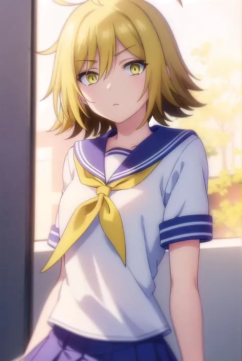 uraraurakata, <lora:urara urakata s1-lora-nochekaiser:1>,
urara urakata, short hair, blonde hair, ahoge, (yellow eyes:1.5),
BREAK skirt, school uniform, ahoge, pleated skirt, shoes, serafuku, socks, blue skirt, neckerchief, white socks,
BREAK indoors, classroom,
BREAK looking at viewer, (cowboy shot:1.5),
BREAK <lyco:GoodHands-beta2:1>, (masterpiece:1.2), best quality, high resolution, unity 8k wallpaper, (illustration:0.8), (beautiful detailed eyes:1.6), extremely detailed face, perfect lighting, extremely detailed CG, (perfect hands, perfect anatomy),