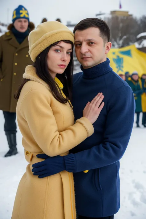 candid photograph of (woman and man together) katya-p wearing a turtleneck sweater and fur jacket and wool skirt ((embracing)) Ukrainian President<lora:Zelenskyy2:0.7>zelenskyy,(3/4 shot),(slight smirk),Kilo class submarine in the background,sunglasses,((Ushanka)),Ukrainian flag,(blue and yellow flag),((Kyiv))