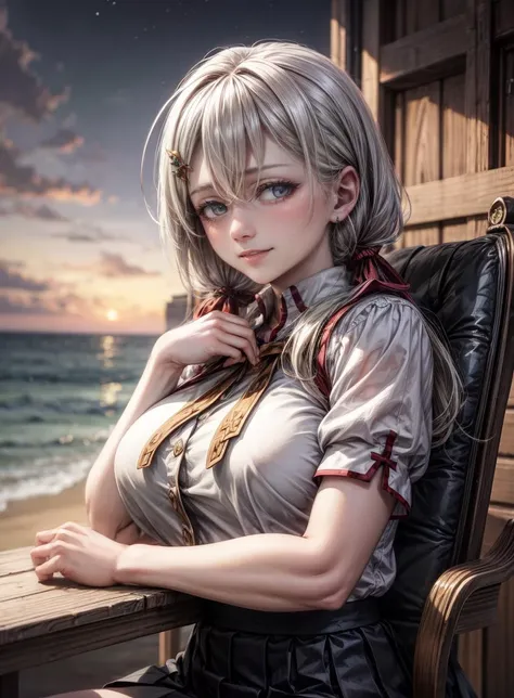 masterpiece, best quality, ultra-detailed, illustration,(1girl),beautiful detailed eyes, solo, beautiful scenery, upper body, realistic, photorealistic,
<lyco:CupitanLoHa:0.8>, cupitan \(granblue fantasy\), , , , multicolored hair, multicolored eyes, gradient hair, twintails, bangs, low twintails, majestic, very long hair, hair ornament, ( face:1.2), evil smile,
<lora:CONCEPT-HomuraharaUniform:1>, HomuraharaFemaleSummer, serafuku, black skirt, red ribbon, puffy short sleeves
peaceful moonlit beach, along the shore, gentle waves, fireworks in the distance painting the sky with mesmerizing colors,
looking at viewer, modelshoot style, (fcDetailPortrait:0.8), [(sitting on chair:1.1)::0.8],
<lora:more_details:0.4>,
<lora:GoodHands-vanilla:0.5>