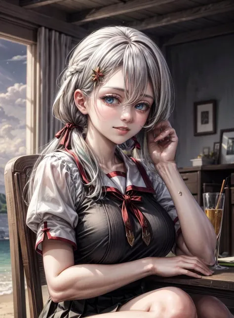 masterpiece, best quality, ultra-detailed, illustration,(1girl),beautiful detailed eyes, solo, beautiful scenery, upper body, realistic, photorealistic,
<lyco:CupitanLoHa:0.8>, cupitan \(granblue fantasy\), , , , multicolored hair, multicolored eyes, gradient hair, twintails, bangs, low twintails, majestic, very long hair, hair ornament, ( face:1.2), evil smile,
<lora:CONCEPT-HomuraharaUniform:1>, HomuraharaFemaleSummer, serafuku, black skirt, red ribbon, puffy short sleeves
peaceful moonlit beach, along the shore, gentle waves, fireworks in the distance painting the sky with mesmerizing colors,
looking at viewer, modelshoot style, (fcDetailPortrait:0.8), [(sitting on chair:1.1)::0.8],
<lora:more_details:0.4>,
<lora:GoodHands-vanilla:0.5>