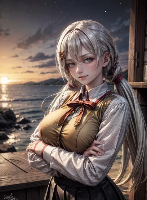 masterpiece, best quality, ultra-detailed, illustration,(1girl),beautiful detailed eyes, solo, beautiful scenery, upper body, realistic, photorealistic,
<lyco:CupitanLoHa:1>, cupitan \(granblue fantasy\), breasts, large breasts, huge breasts, multicolored hair, multicolored eyes, gradient hair, twintails, bangs, low twintails, majestic, very long hair, hair ornament, (naughty face:1.2), evil smile,
HomuraharaFemale, collared shirt, brown vest, long sleeves, black skirt,  <lora:CONCEPT-HomuraharaUniform:1>  
sandy beach at dusk, bonfire crackling with flames, people gathered around, starry night sky, glowing embers reflecting off the water's surface,
looking at viewer, modelshoot style, (fcDetailPortrait:0.8), [(crossed arms[::1]:1.1)::0.8],
<lora:more_details:0.4>,
<lora:GoodHands-vanilla:0.5>