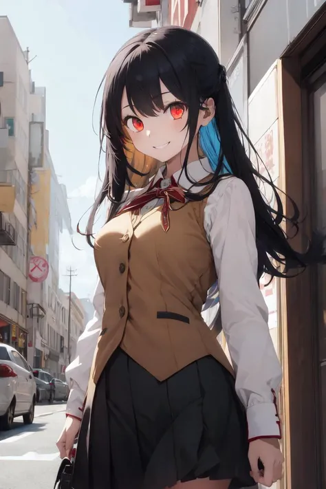 masterpiece, best quality, absurdres, perfect anatomy, 1girl, solo, multicolored hair, red eyes, long hair, smile, HomuraharaFemale, collared shirt, brown vest, long sleeves, black skirt, <lora:HomuraharaUniform:1>