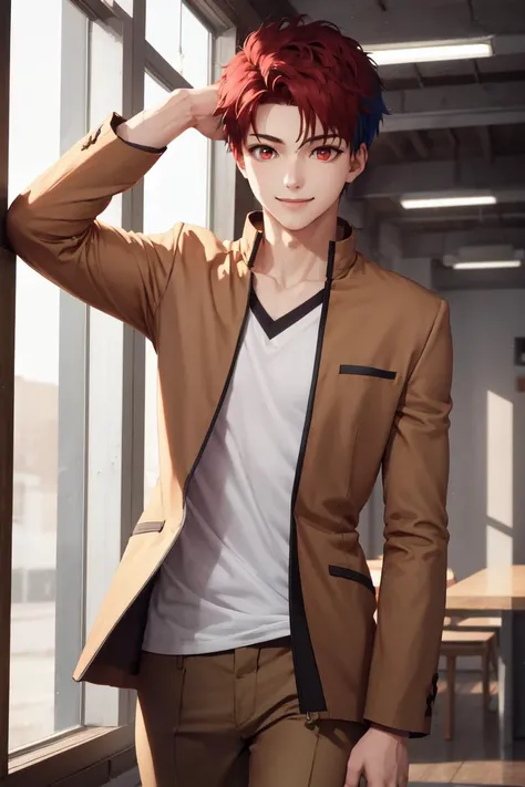 masterpiece, best quality, absurdres, perfect , 1boy, solo, multicolored hair, red eyes, short hair, smile, HomuraharaMale, brown jacket, brown pants, <lora:HomuraharaUniform:1>