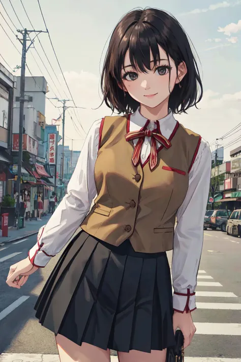 HomuraharaFemale, collared shirt, brown vest, long sleeves, black skirt<lyco:TokyoYouthEighties:1.0>, TokyoYouthEighties, (best quality, masterpiece, RAW photo,ultra-detailed:1.2), <lyco:GoodHands-beta2:1.0>,1girl,looking at viewer, smile, bikini,city, <lyco:CONCEPT-HomuraharaUniform:1.0>
