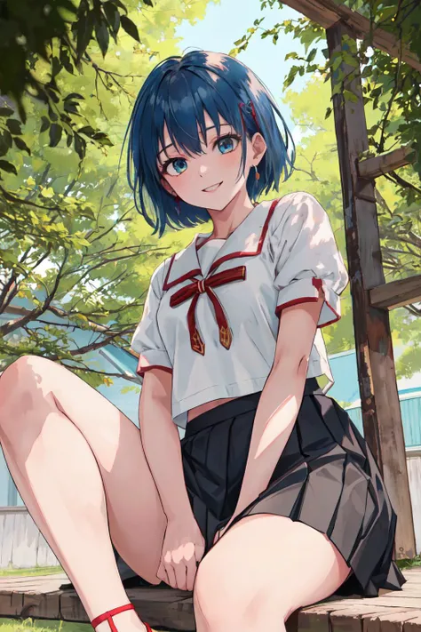 HomuraharaFemaleSummer, serafuku, black skirt, red ribbon, puffy short sleeves"<lyco:TokyoYouthEighties:1>, TokyoYouthEighties, (best quality, masterpiece, RAW photo,ultra-detailed:1.2), <lyco:GoodHands-beta2:1.0>,1girl,looking at viewer, smile, <lyco:CONCEPT-HomuraharaUniform:1.0> blue hair, show panties, from below, sitting, spread legs,