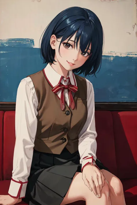 HomuraharaFemale, collared shirt, brown vest, long sleeves, black skirt<lyco:TokyoYouthEighties:2>, TokyoYouthEighties, (best quality, masterpiece, RAW photo,ultra-detailed:1.2), <lyco:GoodHands-beta2:1.0>,1girl,looking at viewer, smile, <lyco:CONCEPT-HomuraharaUniform:1.0> blue hair, sitting,
