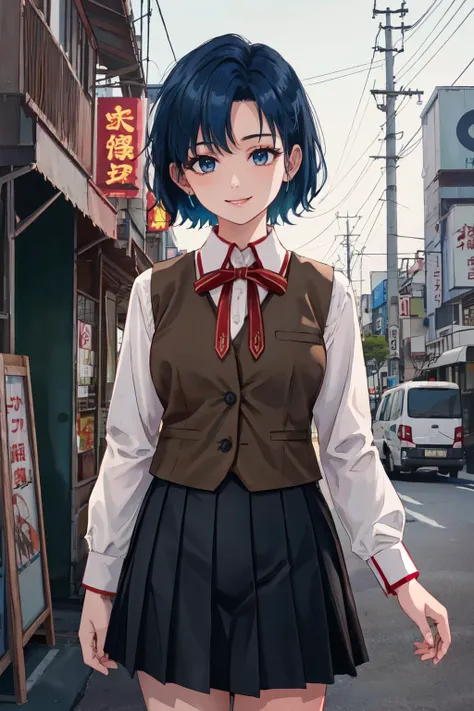 HomuraharaFemale, collared shirt, brown vest, long sleeves, black skirt<lyco:TokyoYouthEighties:1.5>, TokyoYouthEighties, (best quality, masterpiece, RAW photo,ultra-detailed:1.2), <lyco:GoodHands-beta2:1.0>,1girl,looking at viewer, smile, <lyco:CONCEPT-HomuraharaUniform:1.0> blue hair,