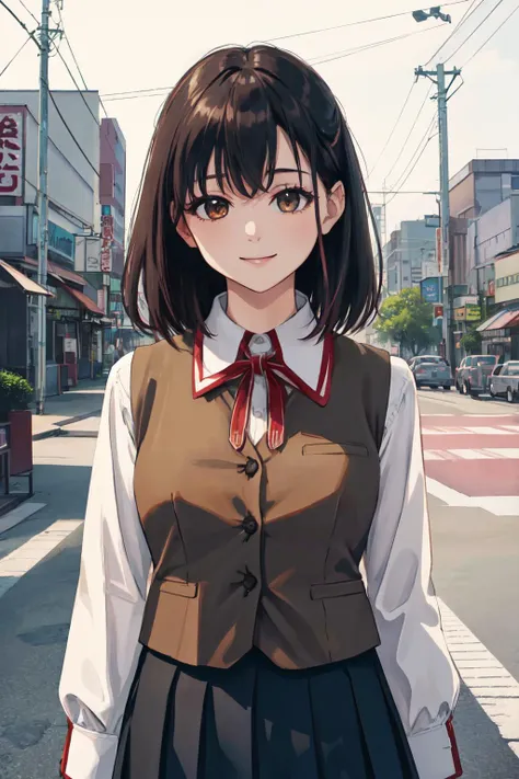 HomuraharaFemale, collared shirt, brown vest, long sleeves, black skirt<lyco:TokyoYouthEighties:1.0>, TokyoYouthEighties, (best quality, masterpiece, RAW photo,ultra-detailed:1.2), <lyco:GoodHands-beta2:1.0>,1girl,looking at viewer, smile, bikini,city, <lyco:CONCEPT-HomuraharaUniform:1.0>