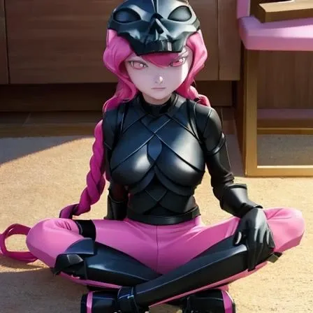 Masterpiece, highest Quality, Highest Resolution, Anime styles, colorful anime style lighting, anime style face, 1girl, solo, Rollerbrawl, pink hair, braided hair, black skull Helmet, black armor, pink leggings, large body type, gloves, adult, medium breasts, wide hips, indoors, sexy, legs spread, hand on crotch, musturbation, hand in between legs, blushing, mouth open,