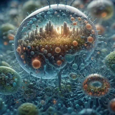 A close-up of transparent, intricate, ultra-detailed, masterpiece, 8k, A (cityscape where the buildings are made of various microbiological structures:1.5) - glowing, orb-like cells (cl1, gl0), pill-shaped bacteria (bc7), and moldy textures (ml3), all under an electron microscope view (3mc)<lora:Microbiology_XL_SickLizard:1>,<lora:techworldxl:1>,DonMT3chW0rldXL,biomorphic,holographic