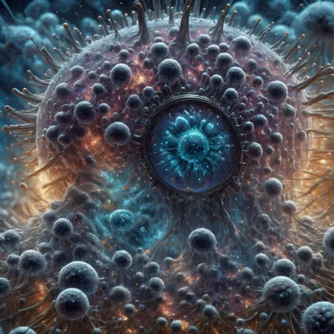 A close-up of transparent, intricate, ultra-detailed, masterpiece, 8k, (An intricate space nebula scene, where the clouds and stars are composed of glowing microbiological elements:1.5) - orb-like cells (cl1, gl0), tentacle-like appendages (t3n), and transparent structures (gl5), in a photorealistic electron microscope style (3mc, ph0) <lora:Microbiology_XL_SickLizard:1>,<lora:techworldxl:1>,DonMT3chW0rldXL,scifi,futuristic, fantasy
