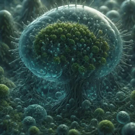 A close-up of transparent, intricate, ultra-detailed, masterpiece, 8k, (A jungle environment where the trees and plants are made of various microbiological elements:1.5)- pill-shaped bacteria (bc7), moldy structures (ml3), and strings and fibers (s7r), all glowing softly (gl0) <lora:Microbiology_XL_SickLizard:1>,<lora:techworldxl:1>,DonMT3chW0rldXL,biomorphic,futuristic, fantasy