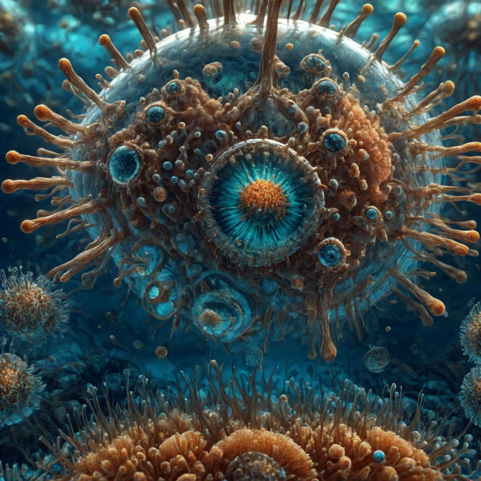 A close-up of transparent, intricate, ultra-detailed, masterpiece, 8k, (An underwater scene:1.5) with intricate coral structures resembling glowing bacteria(gl5, gl0), (fish swimming:1.5), orb-like organisms (cl1), and tentacle-like appendages (t3n), in a photorealistic style (ph0) <lora:Microbiology_XL_SickLizard:1>,<lora:techworldxl:1>,DonMT3chW0rldXL,biomorphic,futuristic, fantasy
