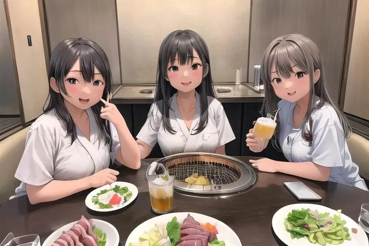 masterpiece, best quality,ultra detail,<lora:GoodHands-vanilla:0.8> <lora:anmnr01:0.3> <lora:add_detail:0.5>  <lora:smokelessroaster_V21:1>,smokeless_roaster, grill, japan, draft beer,juice,yakiniku,3girls,happy,salad,cheers,open mouth