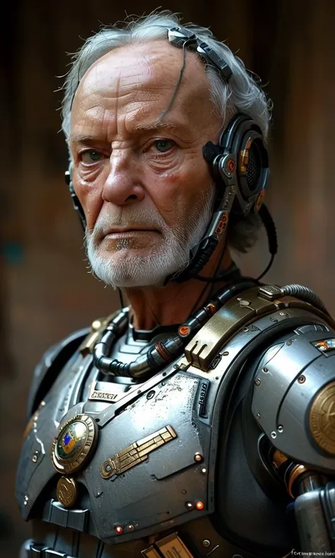 perfecteyes Veteran cybernetic soldier, age 65, his hair cropped short, peppered with the grey of battles past, his skin weathered but resilient, stretched over a naturally sturdy chest, enhanced with medals turned cybernetic implants. His combat harness is a blend of armor and life-support systems, captured surveying a digital battlefield, (f_stop 1.8), (focal_length 75mm), his silhouette rugged and imposing, embodying a lifetime of service and the dignity of age. <lora:add-detail-xl:0.8>, <lora:MJ52:0.8>, <lora:PerfectEyesXL:1.0>,