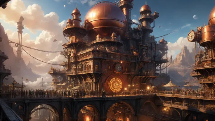 SK_DIGITALART, painting of a steampunk megastructure outside of time, an exotic distant world, by Ian McQue, 
highly impressive & realistic, Hyper-detailed, Insane Details, Intricate Details, Cinematics, Editorial Art, Tilt Blur, Super-Resolution, Megapixels, Unreal Engine 5, Studio Lighting, Volumetric, Optical, Diffusion Glowing, Shadows, Proportions, Rough, Shimmery, Ray Tracing Reflections, Glossy, Lumen Reflections, Screen Space Reflections, Diffraction Rating, Chromatic Aberration, GB Shift, Ray Tracing, Ray Tracing Ambient Occlusion Anti-Ali asing, Post-Processing, Post-Production, Cel Shading, Tone Mapping, Incredibly Detailed and Intricate, Hypermaximalist, Sleek, Hyper Realistic, Super Detailed, Dynamic Pose, Hyperrealism, HDI, 8k  dramatic lighting, dark colors, wide angle view, panorama view, dominant colors Rustic Red and Copper, 
<lora:xl_more_art-full_v1:0.35> <lora:epi_noiseoffset2:0.5> <lora:add-detail-xl:1>