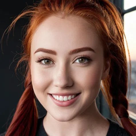 (Nude naked NSFW:1.5)
(Very close shot, zoomed in close-up face portrait:1.5) photo of a smiling, (perfect teeth:1.3) shocked curvy young 24 year old Azerbaijani woman with long natural pigtails red hair, dark grey small eyes, long face, high nose, wide jaw, wide mouth, narrow brows, tall chin, (huge breasts:1.3), big ass, (perfect hands:1.5).
looking down. Modern style, inside a dining room , industrial district visible through window, midnight, sunshine, 
cinematic lighting, vibrant colors, detailed skin texture, detailed cloth texture, beautiful detailed perfect face, intricate sharp details, ultra high res