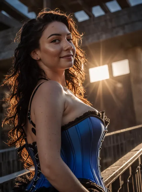 kodak portra photo of, (magnificent 23yo raven haired goddess leant against balustrade:1.3), (gorgeous body:1.3),(closed smile:1.1),(intense gaze, piercing eyes), (skin imperfections, skin pores, skin blemishes, skin subsurface scatter, vellus hair:1.4), (risky ultramarine corset:1.35), (harsh light, backlit:1.4), (low angle, bodacious shot:1.55), (stormy sunset:1.2), nsfw,