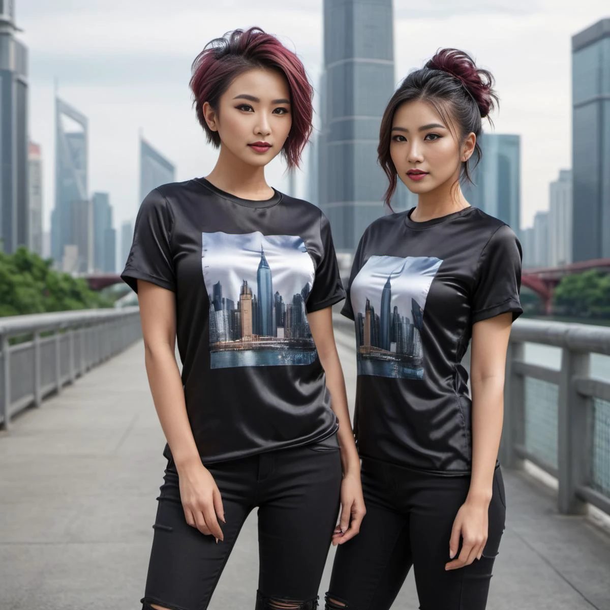 (full body shot) cute two asian 40 year old women wearing a Architectural prints (skyscrapers, bridges)  satin_teeshirt, Mohawk  hair style, hyperdetailed photography,4k textures,intricate details,4k resolution  dystopian city scene, ((dark cinematic still))   <lora:satin_teeshirt_v1:0.7>