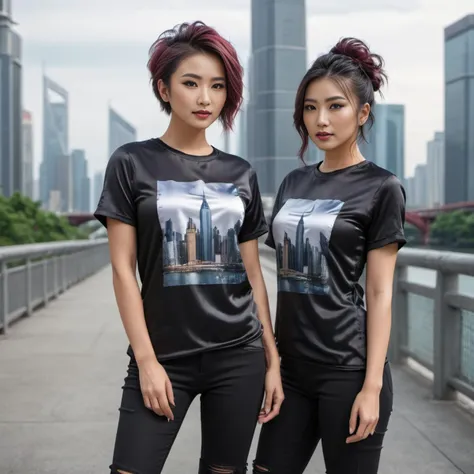 (full body shot) cute two asian 40 year old women wearing a Architectural prints (skyscrapers, bridges) satin_teeshirt, Mohawk hair style, hyperdetailed photography,4k textures,intricate details,4k resolution dystopian city scene, ((dark cinematic still)) <lora:satin_teeshirt_v1:0.7>
