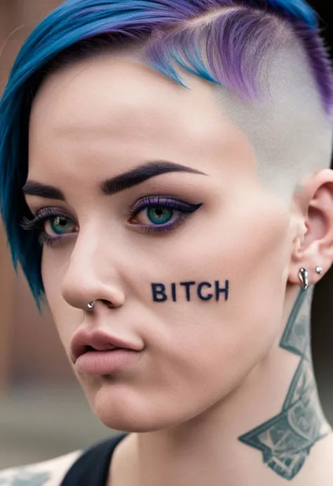 tattoed girl smoking very sad, in purple lighting thinking alone seriously
