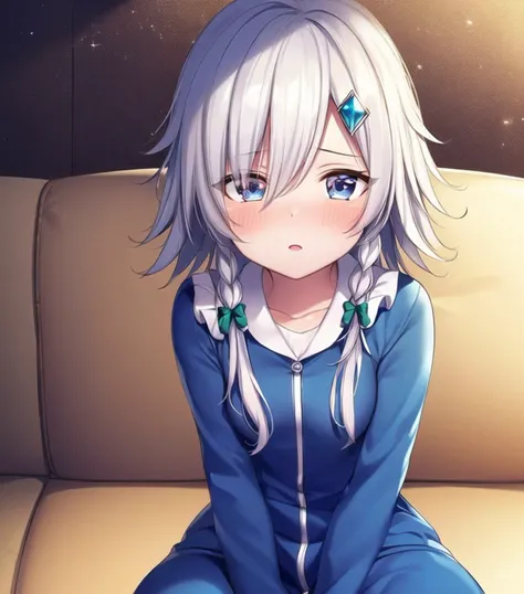 izayoi sakuya, onesie, sitting, couch, hand between legs, blush, <hypernet:Mitsuba_Choco:0.9>, (masterpiece, best quality:1.2), extremely detailed, jewel like eyes