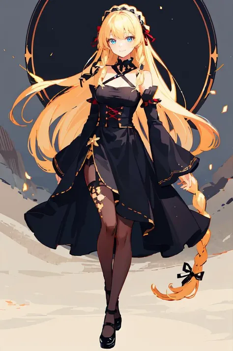 ultra detailed, masterpiece, best quality, solo, soft smile, light smile,
1girl, blue eyes, very long hair, blonde hair, long blonde hair, french braid, bangs, medium breasts,
hair ribbon, frilled choker, criss-cross halter, sleeveless dress, high-waist skirt, backless dress, waist bow, detached sleeves, frilled sleeves, wide sleeves, pantyhose, patterned legwear, mary janes, <lora:RoRRStyle:1> ror, survivor, monster