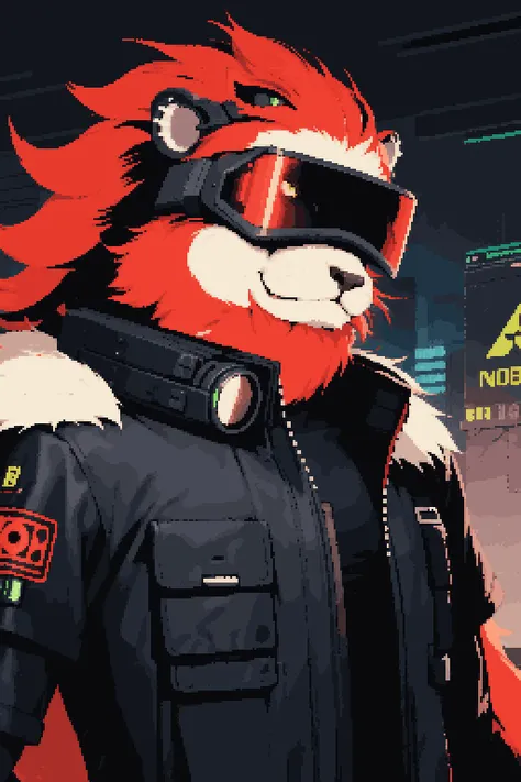 rorr, animal, furry, upper body of a cyberpunk lion dressed in black techwear jacket, eye visor <lora:RoRRStyle:1>