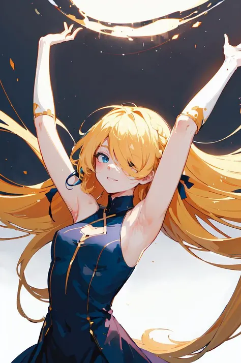 ultra detailed, masterpiece, best quality, solo, soft smile, light smile,
very long hair, blonde hair, long blonde hair, french braid, bangs, medium breasts, (no eyes, hair over eyes:1.3), absurdly long hair, floating, floating hair, light particles, white and grey skin,
hair ribbon,criss-cross halter, sleeveless dress, <lora:RoRRStyle:0.9> ror, (monster:1.2), (multiple arms:1.3),