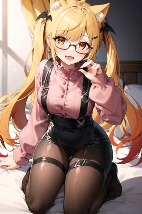 2d, masterpiece, best quality, anime, highly detailed face, highly detailed eyes, highly detailed background, perfect lighting, full body, 1girl, solo, bedroom, yozora mel, vampire, head wings, twintails, long hair, multicolored hair, ahoge, pink sweater, cat ears, glasses, suspenders, :d <lora:yozoramel-20:0.8>
