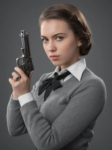 Hyperrealistic art (Masterpiece Photo:1.3) of (Ultra detailed:1.3) Georgeous young woman,Holding a gun,On Ice,(by Artist Andrew Loomis:1.3),Highly Detailed,(Synthetism:1.3),(Desaturated:1.3) . Extremely high-resolution details, photographic, realism pushed to extreme, fine texture, incredibly lifelike