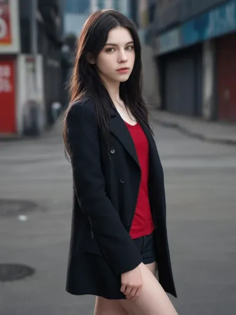 Hyperrealistic art (Masterpiece Photo:1.3) of (Ultra detailed:1.3) cute girl, beautiful, skinny, muscular, 20 years old, [(long hair:1.4)|black hair], messy hair, pale skin, black coat, red shirt, detailed background, city background,Highly Detailed,(Serial Art:1.3) . Extremely high-resolution details, photographic, realism pushed to extreme, fine texture, incredibly lifelike