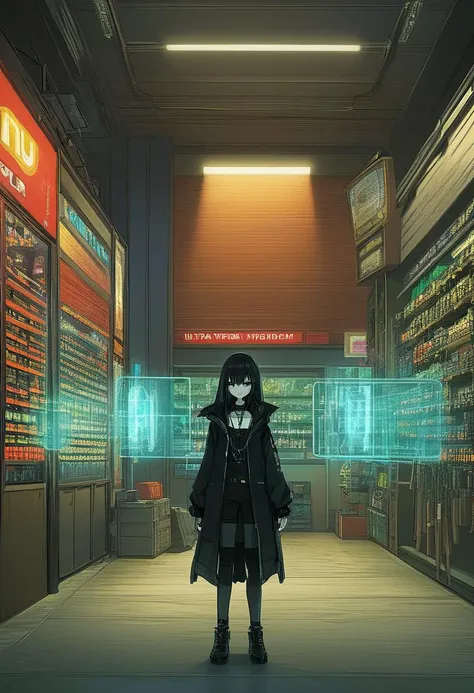 anime artwork (Masterpiece Drawing:1.3) of (Ultra detailed:1.3) Hologram,Looking towards us,In front of Gun shop,,(Nu Goth Art:1.3) . anime style, key visual, vibrant, studio anime, highly detailed