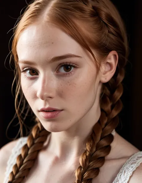 (((Extreme close up))), professional photograph of a 29 year old , RAW portrait Photo,  beautiful girl, sexy,   detailed gorgeous face, freckled skin, pale skin, long Ginger hair, (((fishtail braids))), Brown eyes, detailed and intricate, cinematic lighting, ultra detailed, sharp focus, 8k high definition, nice bokeh, Leica 35mm F2.8, poster subcutaneous veins,skin fluff,fine wrinkles,high contrast,best Ray tracing, light and shadow play, highly detailed,24mm photograph, film, bokeh, professional, 4k,