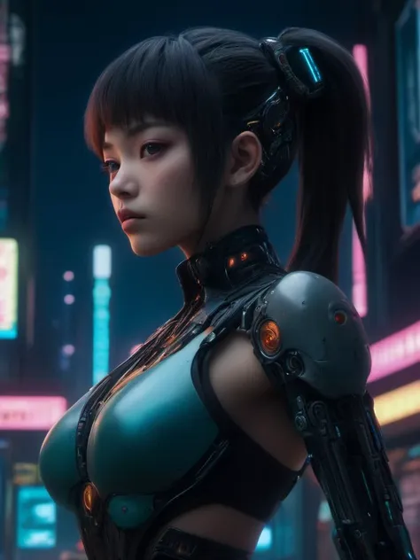 Hyperrealistic art (Masterpiece Photo:1.3) of (Ultra detailed:1.3) 1girl, asian,cyberpunk, mechanical parts, neon city background,(by Artist Frank Tenney Johnson:1.3),Highly Detailed,(Art Nouveau:1.3) . Extremely high-resolution details, photographic, realism pushed to extreme, fine texture, incredibly lifelike