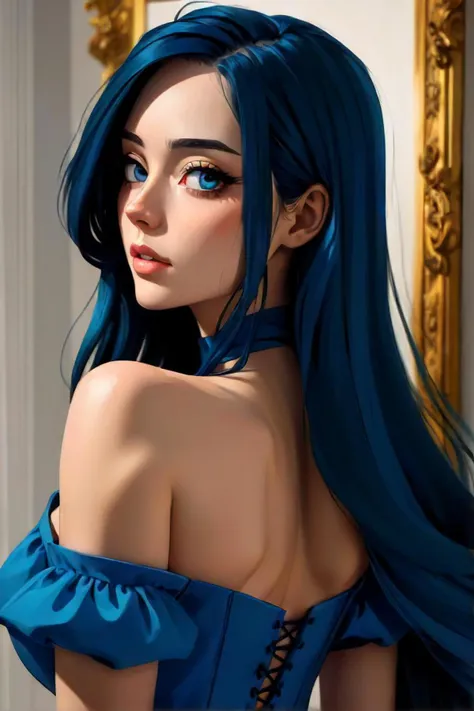 a painting of a woman with long hair and a blue dress, a digital painting by vibrant pop inspired illustrated manga art style, artstation, digital art, anime adult woman with long hair, vibrant pop inspired illustrated manga art style with long hair, digital anime art