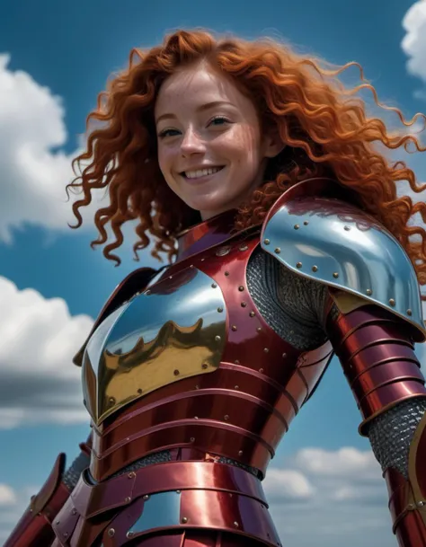 full body shot, a sense of achievement, strong, positive, she will go far and she can show it, she has a sly smile on her face, long red curly hair, freckles, wearing a vibrant colored suit of armor, cinematic view, epic sky, detailed, concept art, low angle, high detail, volumetric, vivid, beautiful