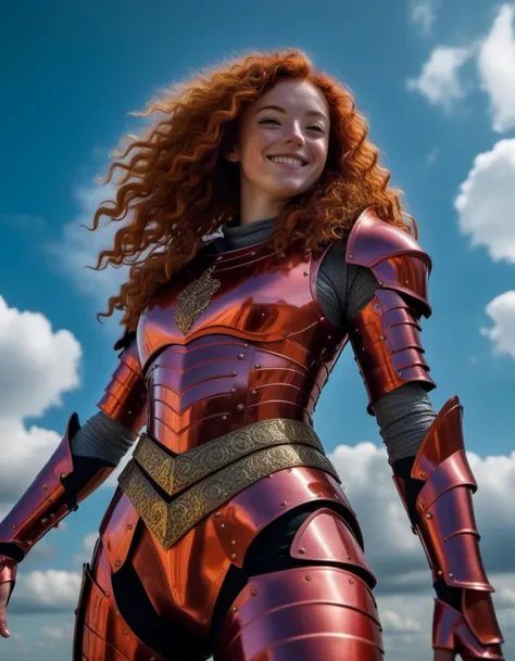 A brave medieval princess, beautiful in her red curly hair, rounded face, Toned body, tanned skin, toned fit armor, beautiful smile, beautiful big eyes, flushed cheeks, redhead, hair in the wind, amid oak trees, shiny breastplate, holds a long shining sword towards the sky, sparkling light, detailed gold and silver scratches on his armor, green leaves of trees, strong lighting, HDR, 4K, high contrast colors
