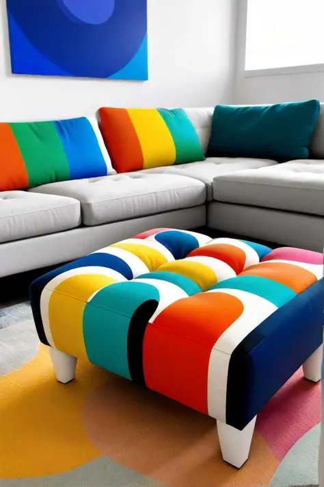a close up of a couch with a colorful ottoman in a living room, digital art inspired by sonia delaunay terk, pixabay, pop art, colorful modern, bold and colourful, colorful accents