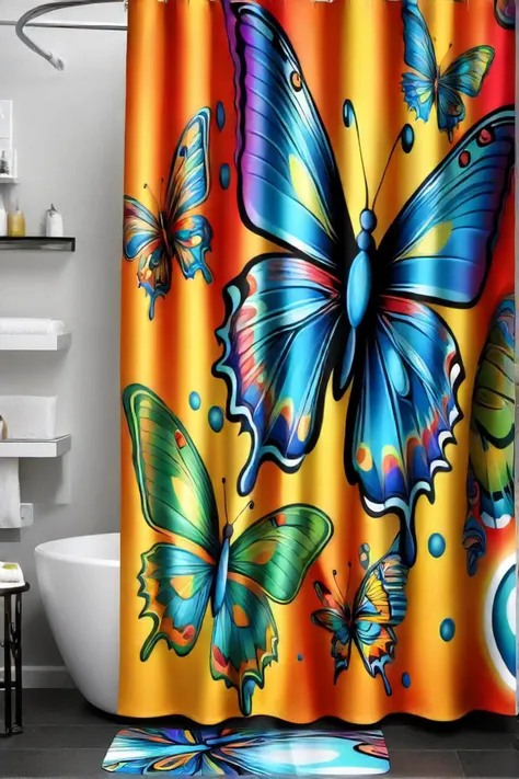 brightly colored shower curtain with a butterfly design on it, an ultrafine detailed painting by dimitre manassiev mehandjiysky, flickr, psychedelic art, with colourful intricate, intricate colorful, colourful!! highly detailed