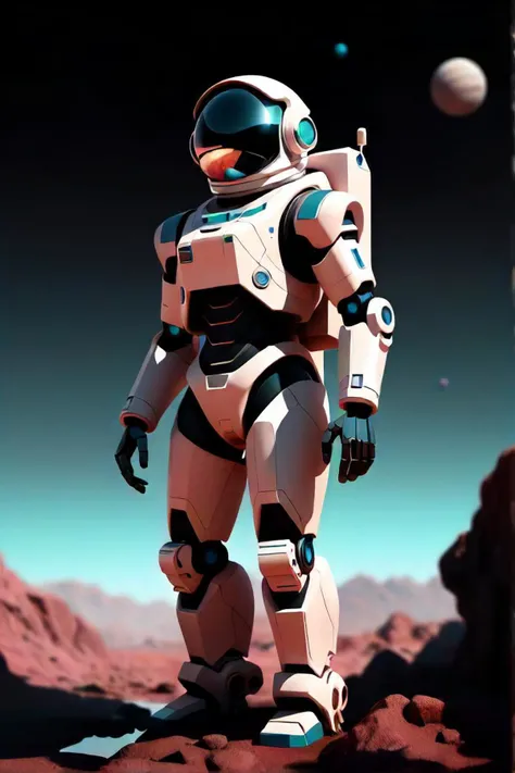 there is a robot standing on a rocky surface in front of a planet, a low poly render inspired by beeple, cgsociety contest winner, space art, futuristic astronaut, portrait of an ai astronaut, sci fi digital art illustration