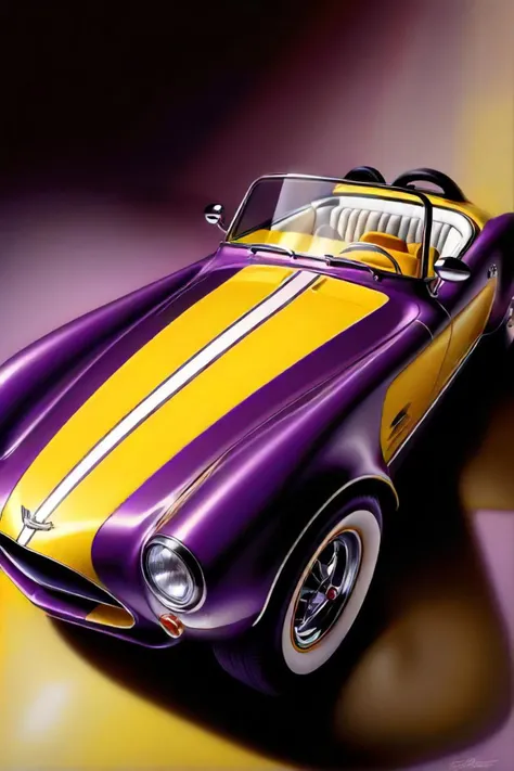 purple and yellow sports car with a purple top and white stripes, roadster, automotive design art, photorealism pastel, inspired by ed roth, by ed roth, highly detailed hyper real retro, matte drawing. masterpiece, speedster, highly detailed car, car concept art, retrofuturistic digital painting, vibrant colors hyper realism, full view of a sport car, sportscar