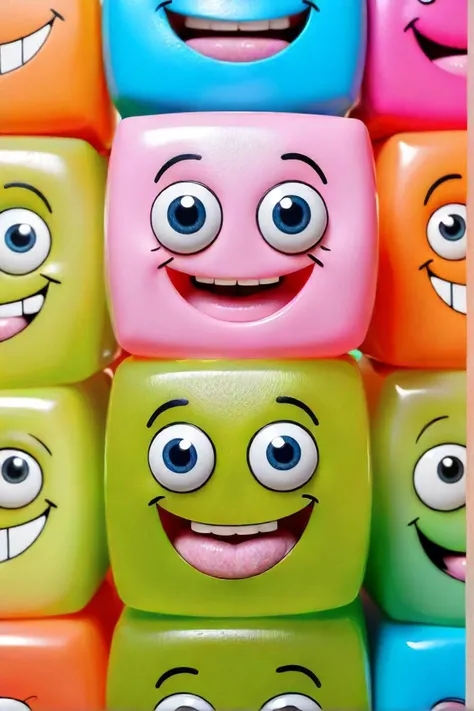brightly colored cubes with faces and eyes are stacked on top of each other, very big smile, slime, promotional shot, * * * * *, by ahmed yacoubi, charming smile, cute character, mattel, vertical wallpaper, cute fine face, uhd realistic faces, lovely smile, vine, pure joy, lumpy skin
