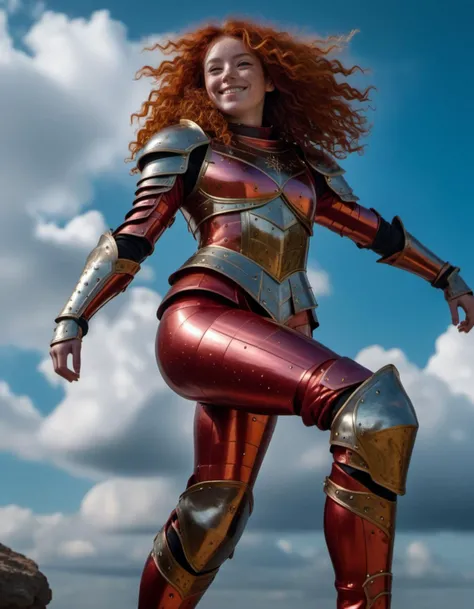full body shot, a sense of achievement, strong, positive, she will go far and she can show it, she has a sly smile on her face, long red curly hair, freckles, wearing a vibrant colored suit of armor, cinematic view, epic sky, detailed, concept art, low angle, high detail, volumetric, vivid, beautiful