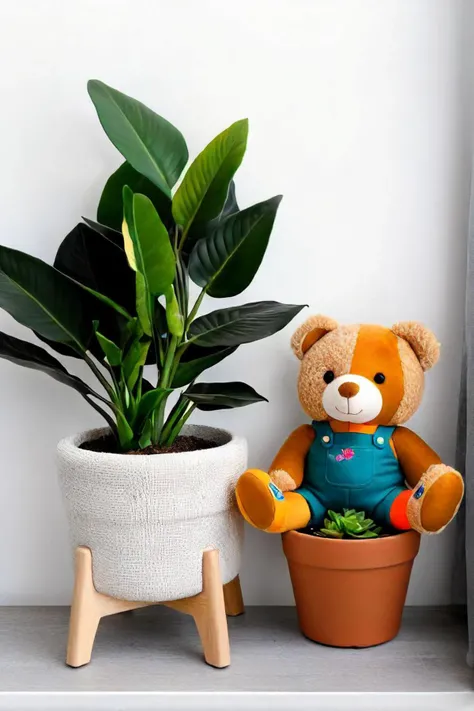 there is a teddy bear sitting next to a potted plant, a professional photograph inspired by master of the embroidered foliage, pinterest contest winner, mingei, unique pot made for houseplants, large potted plant, plush mascot