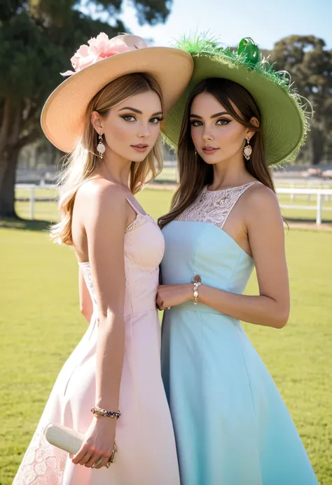 cinematic photo closeup portrait of two 21 year old girls posing at the racecourse under a tree
bright green grass in background, racing horses
Bardot dresses, taffeta, lace
cuddling together for the camera
floral large derby hats
sunny
bracelet
makeup
earrings
high heels
(slim build:3.0)
cute face
feminine
ethnic and aussie  . 35mm photograph, film, bokeh, professional, 4k, highly detailed