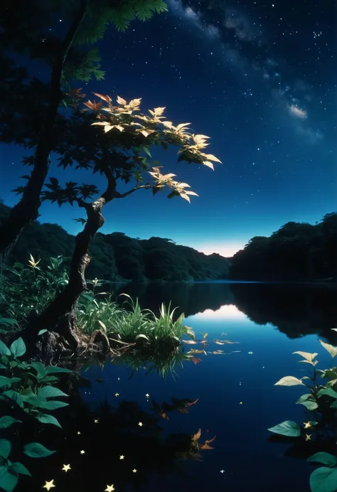 movie still, 1980s, fantasy ancient nature world with vibrant vegetation, starry sky, lake, reflections, highly detailed leaves, hyperrealism, Anime screencap, Cinematic, Kodak portr400, F/14, sharp